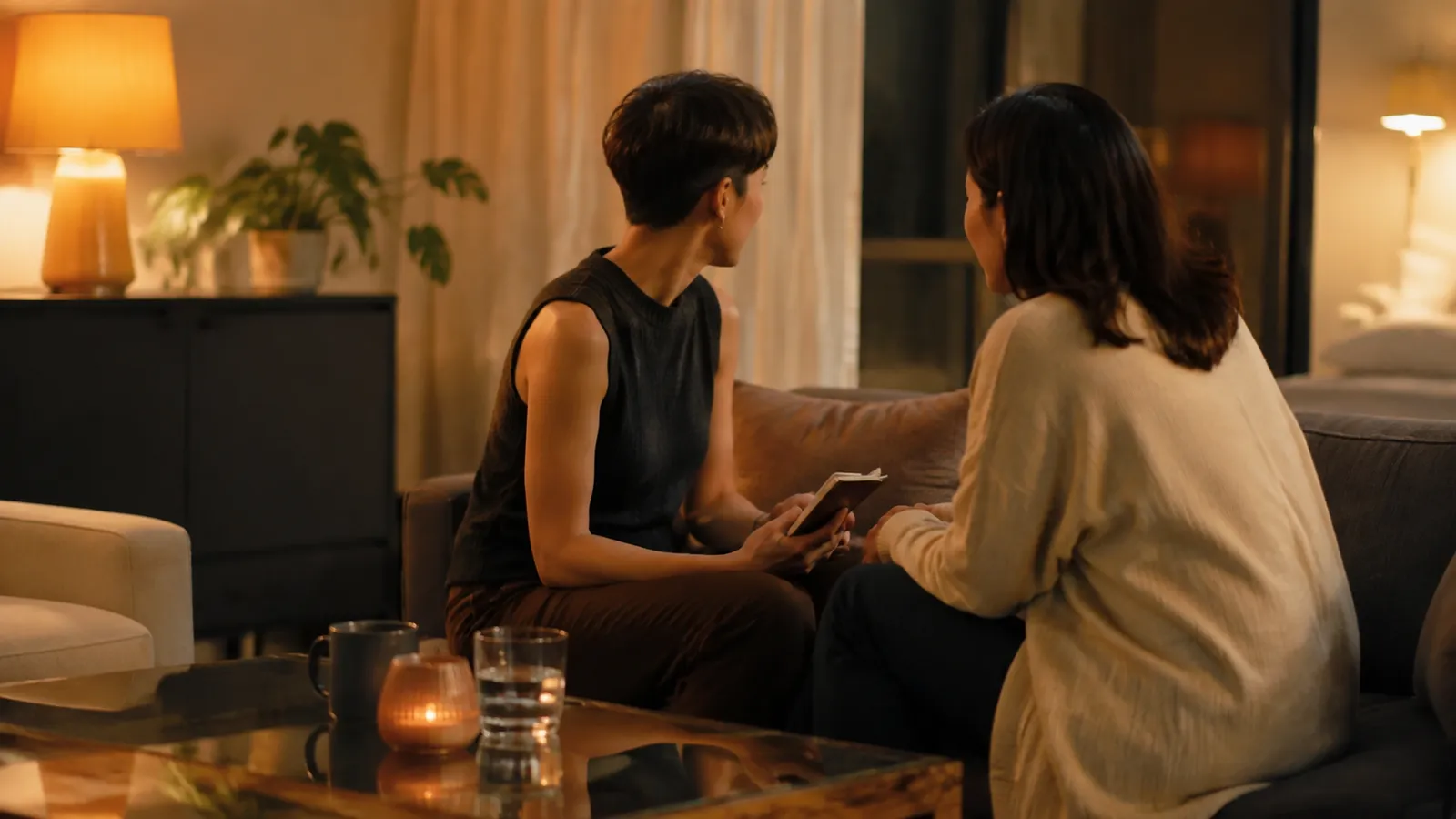 Two adults in a quiet, close conversation in warm evening light, suggesting trust and mutual care.