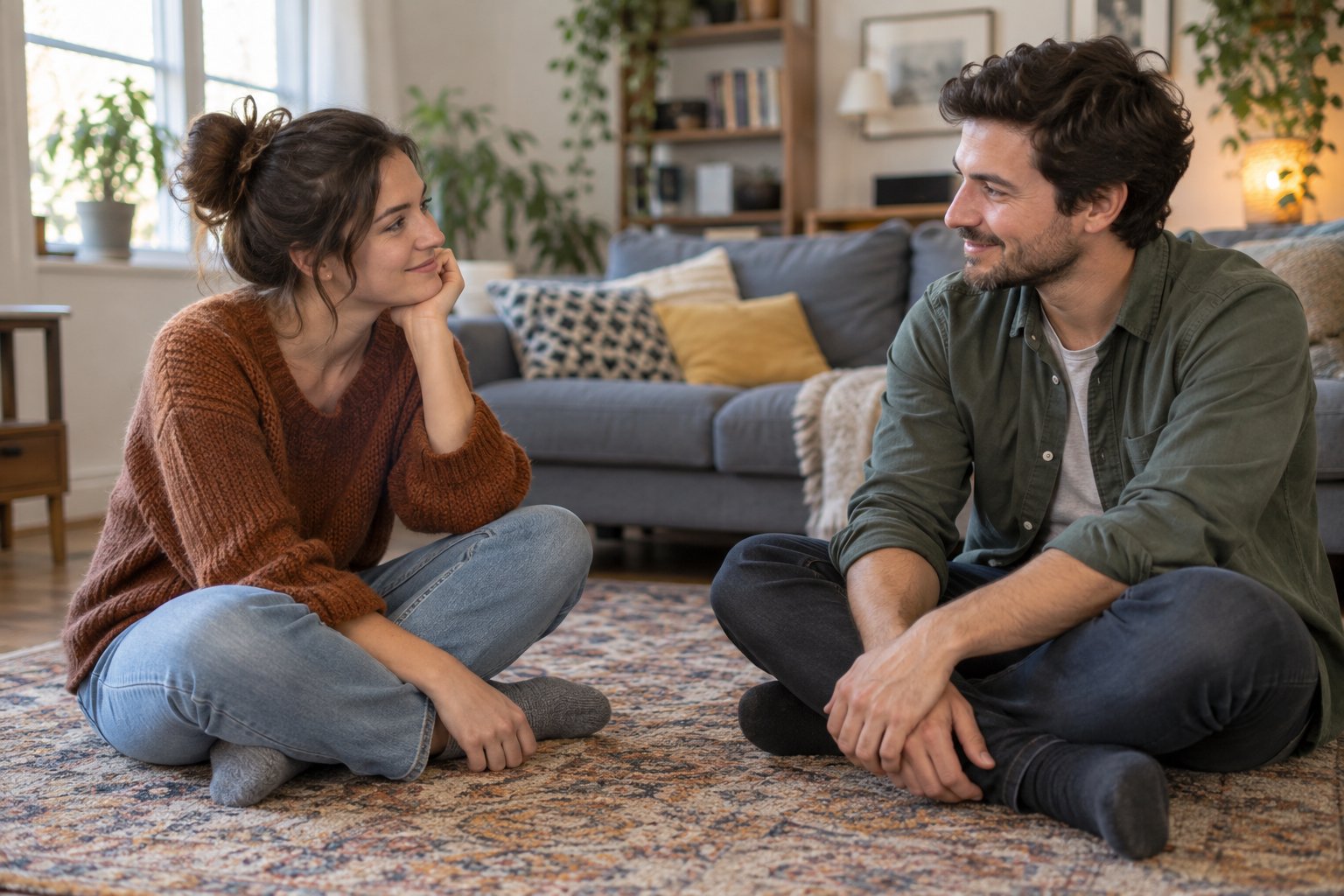 Two adults sit facing each other, smiling and meeting eyes. Two adults sit facing each other, smiling and meeting eyes.