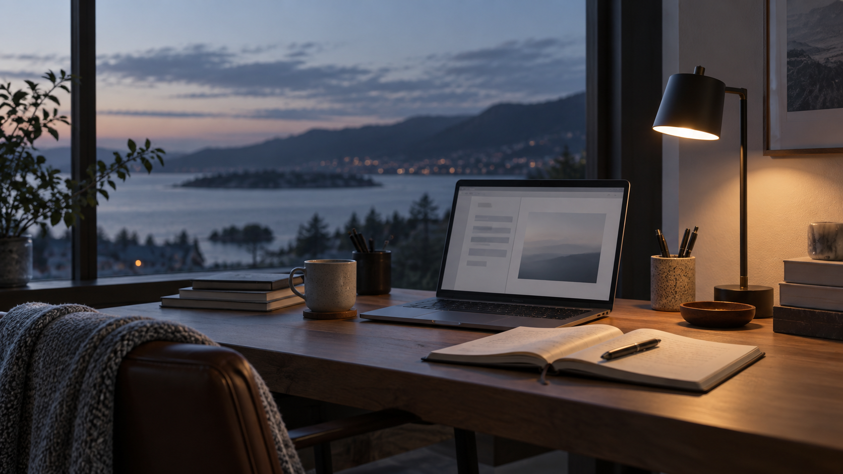 A quiet desk with an open laptop and notebook at dusk.