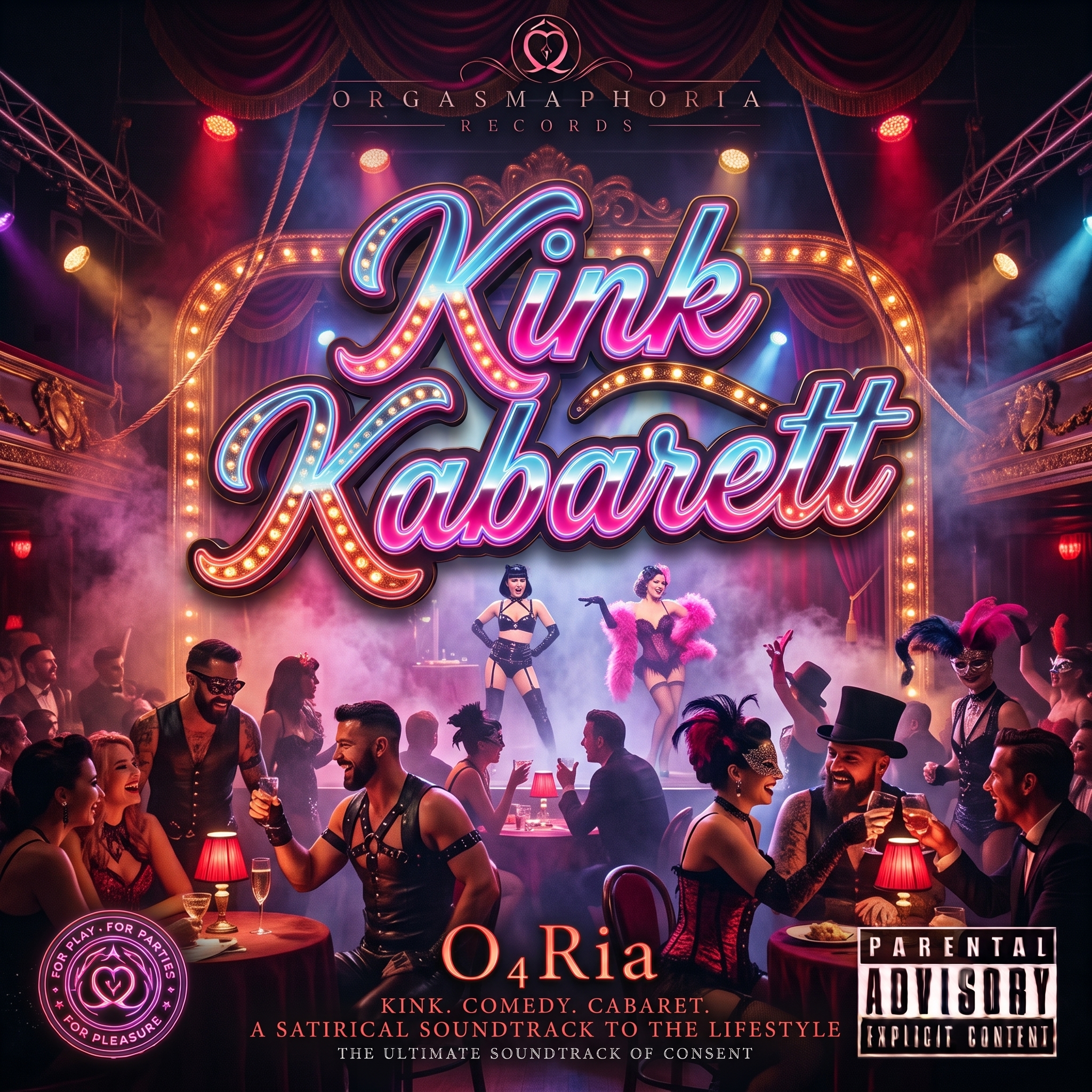 Red theatre curtains, neon Kink Kabarett lettering, cabaret performers and a masked audience.